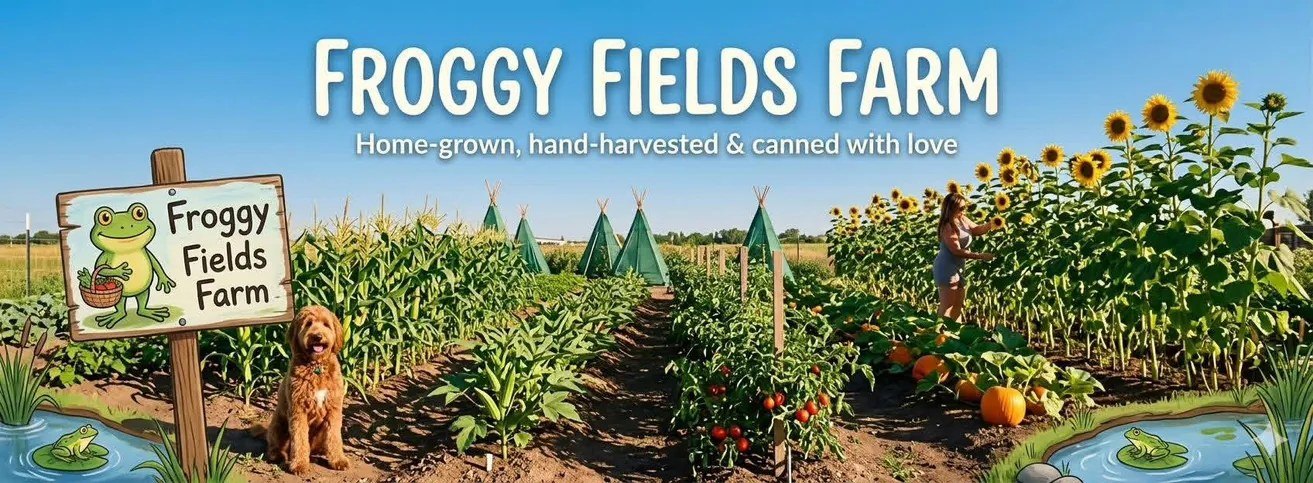Froggy Fields Farm: a frog sign in a garden of sunflowers, corn and tomatoes by a little pond