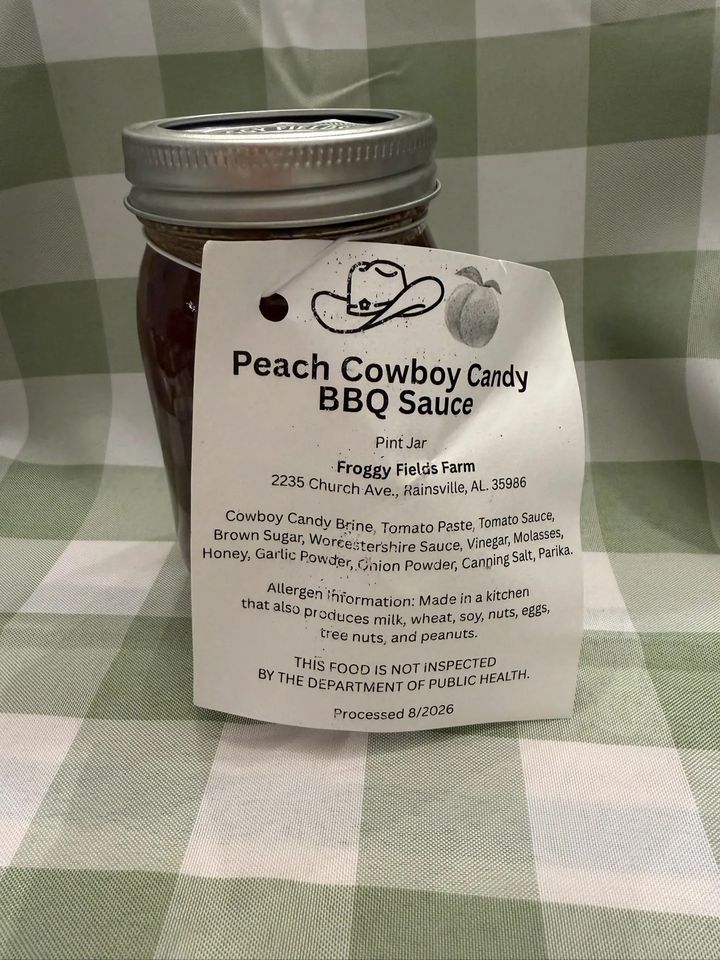 Peach Cowboy Candy BBQ Sauce, a pint jar from Froggy Fields Farm