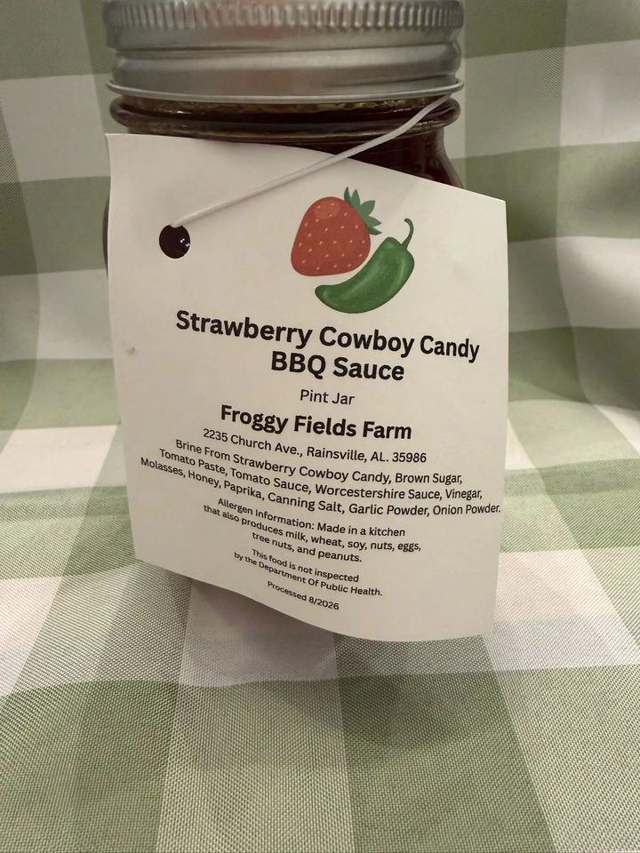 Strawberry Cowboy Candy BBQ Sauce, a pint jar from Froggy Fields Farm